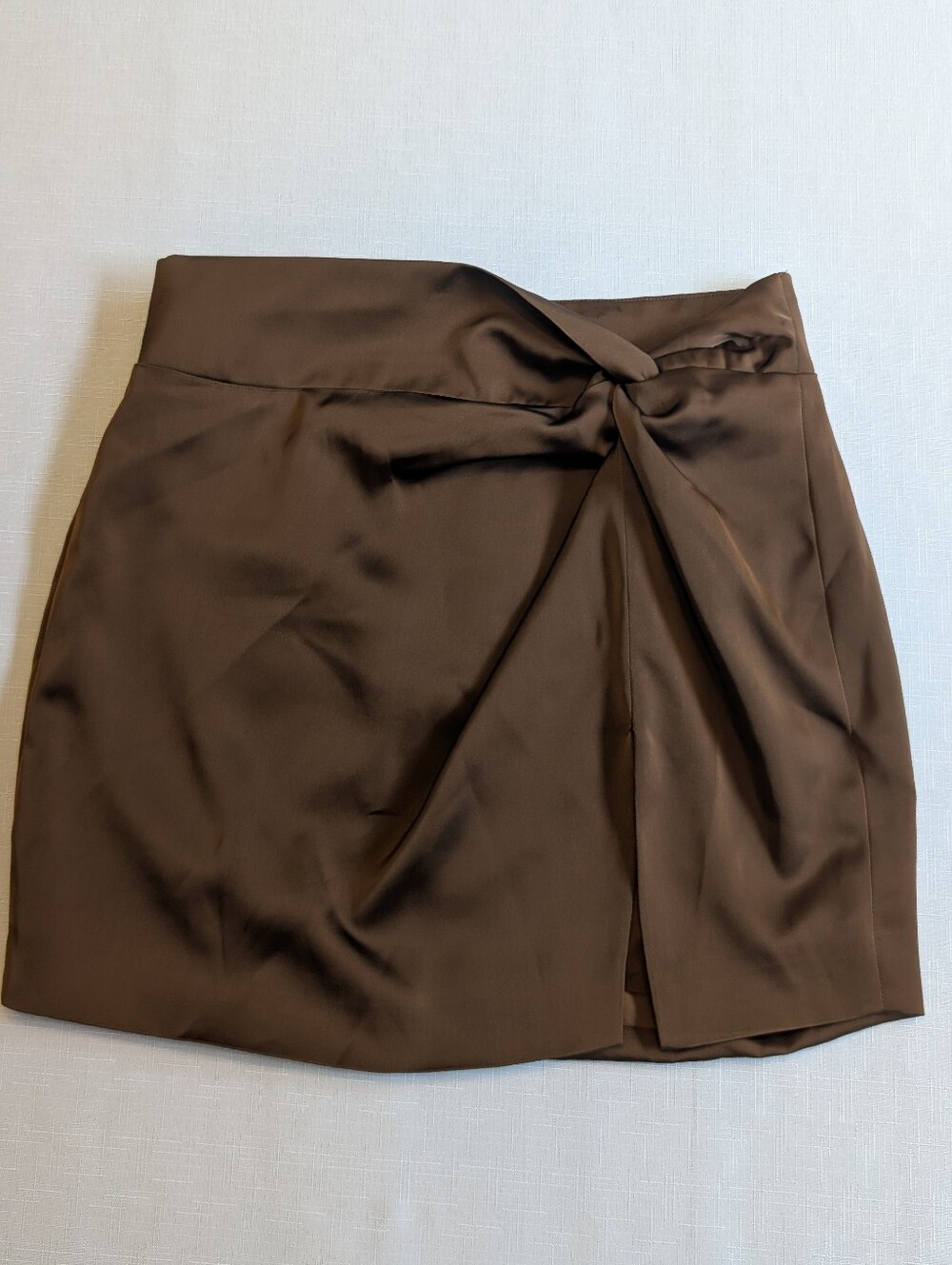 NWOT Brown Satin Knot Front Mini Skirt Silky Unbranded M